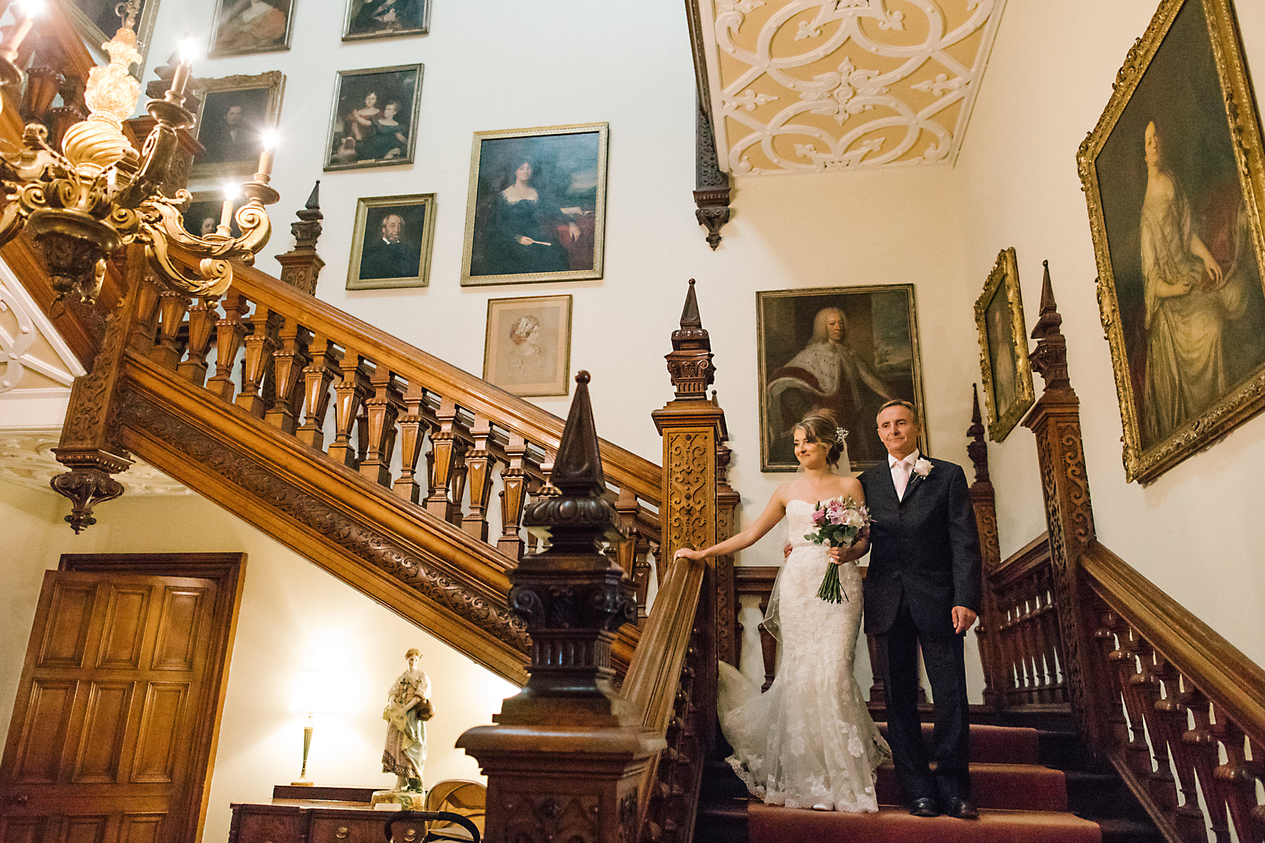 bride on staircase at arley hall