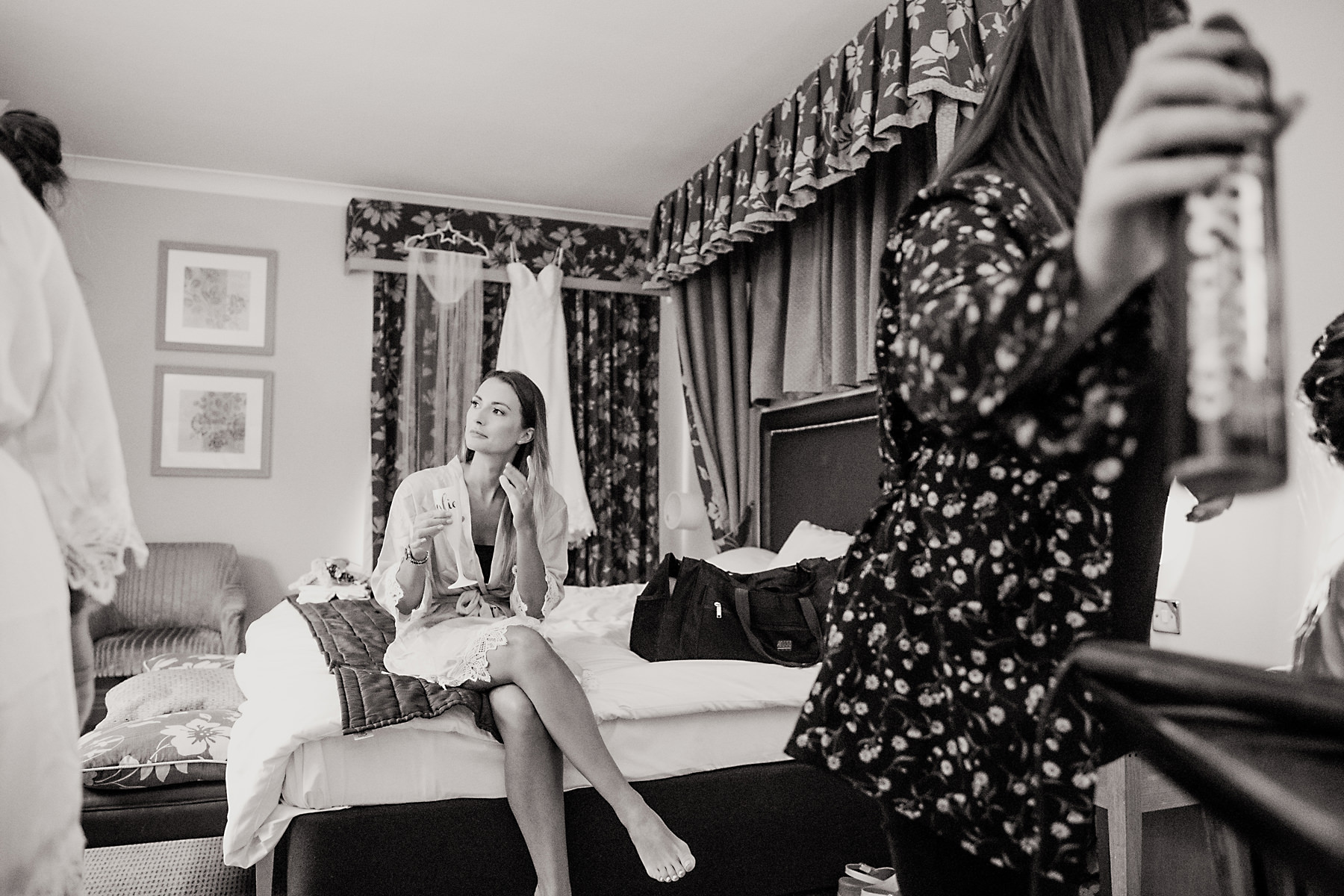 black and white bridal prep photo